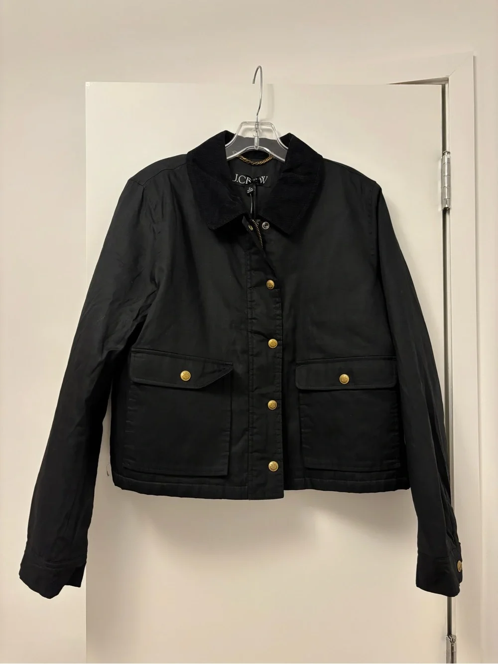 J. Crew Black Cropped Barn Jacket with Gold-Tone Buttons